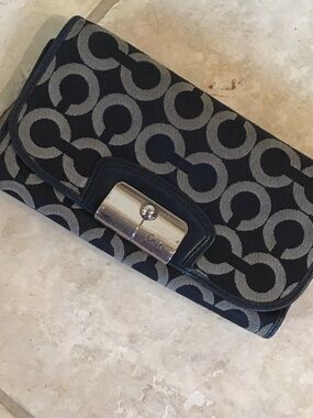Coach Black and Gray Signature Flap Wallet with Silver-Tone Hardware